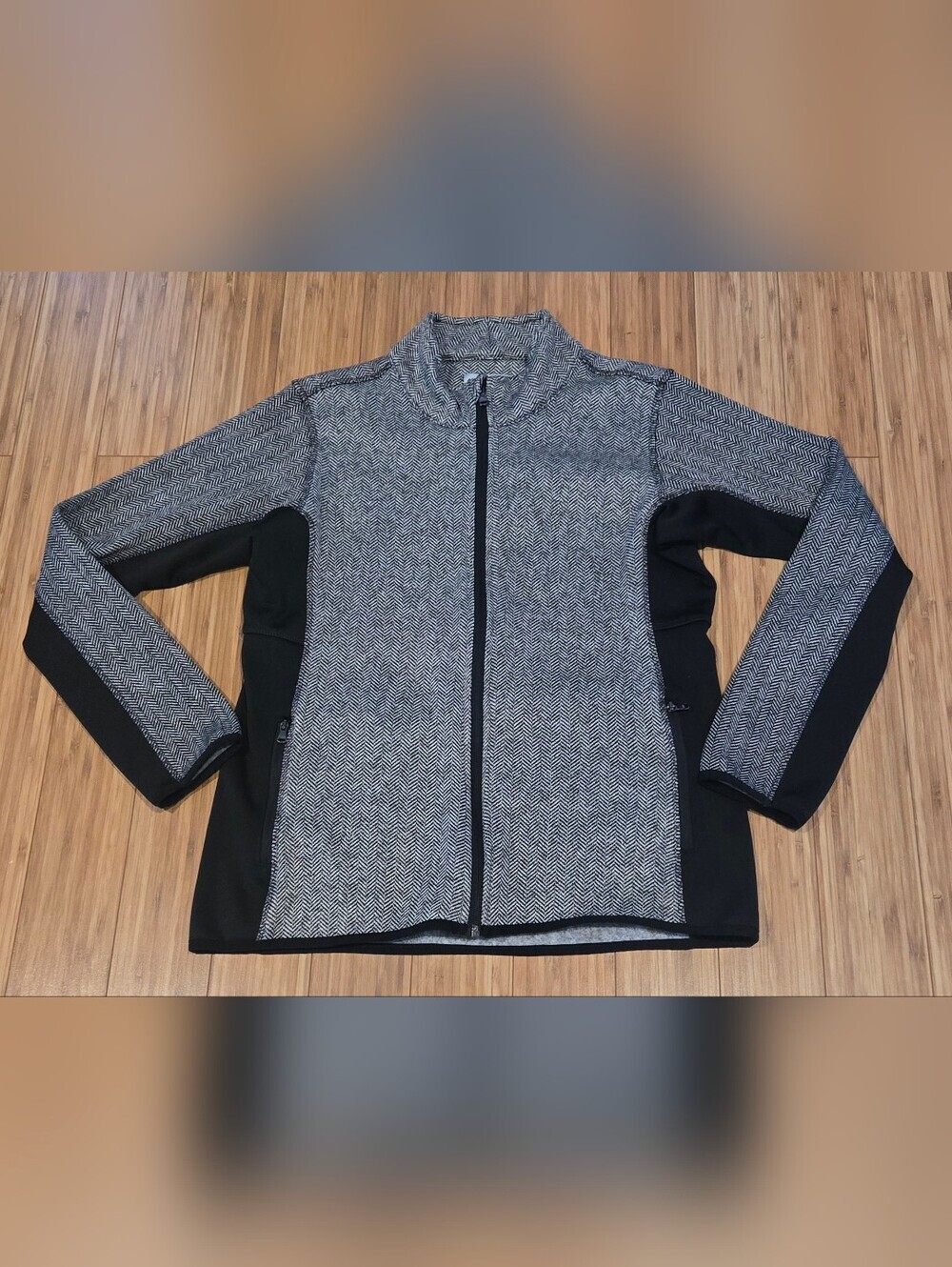 Andrew Marc Gray and Black Herringbone Knit Jacket